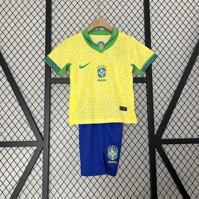 Brazil Home Soccer Uniform Kids Kit Jersey+Shorts Copa America 2024