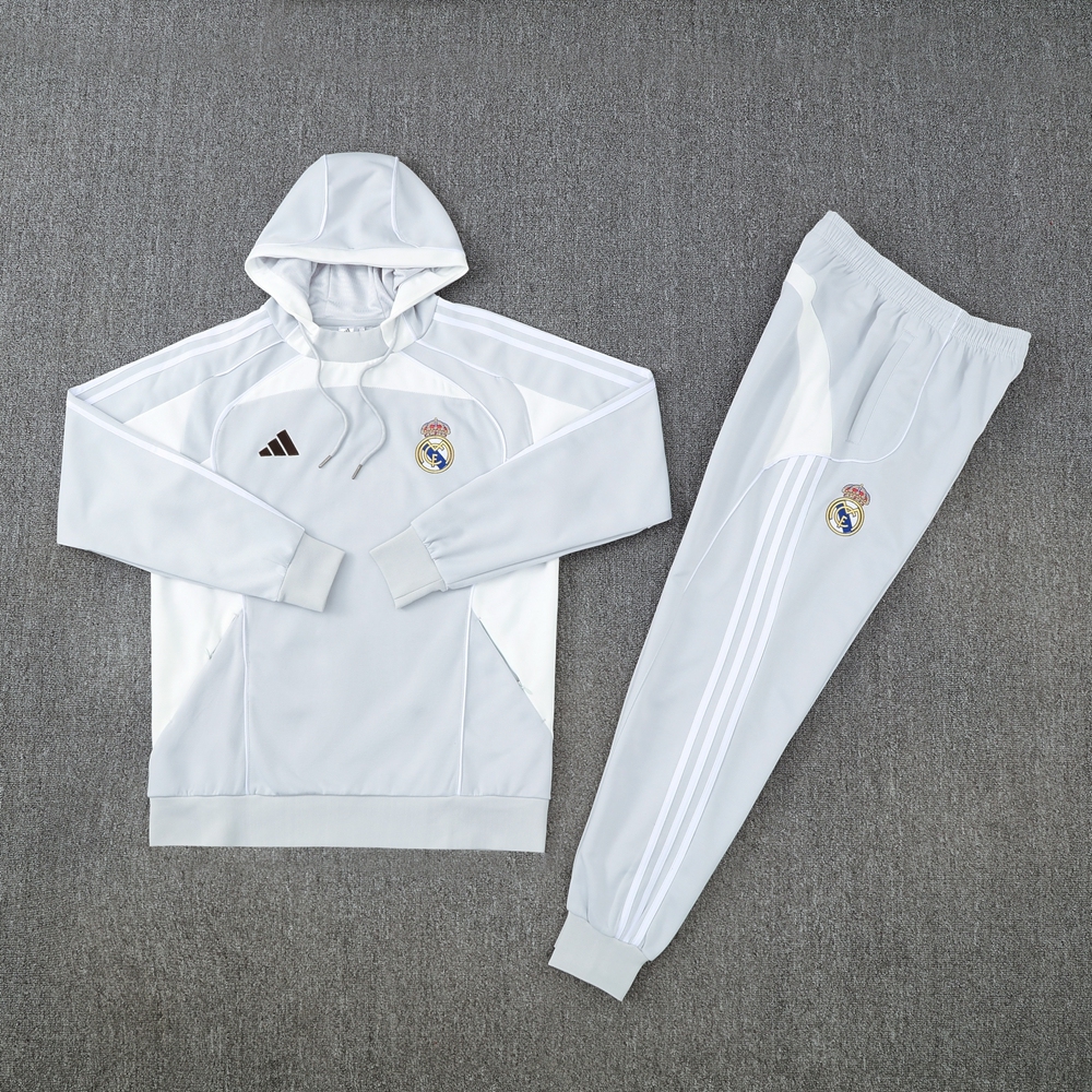 Real Madrid Hoodie Training Kit (Sweatshirt+Pants) Light Grey 2025/26 - Image 2