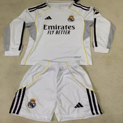 Real Madrid Soccer Jersey Home Kids Kit Long Sleeve Jersey+Shorts 2025/26